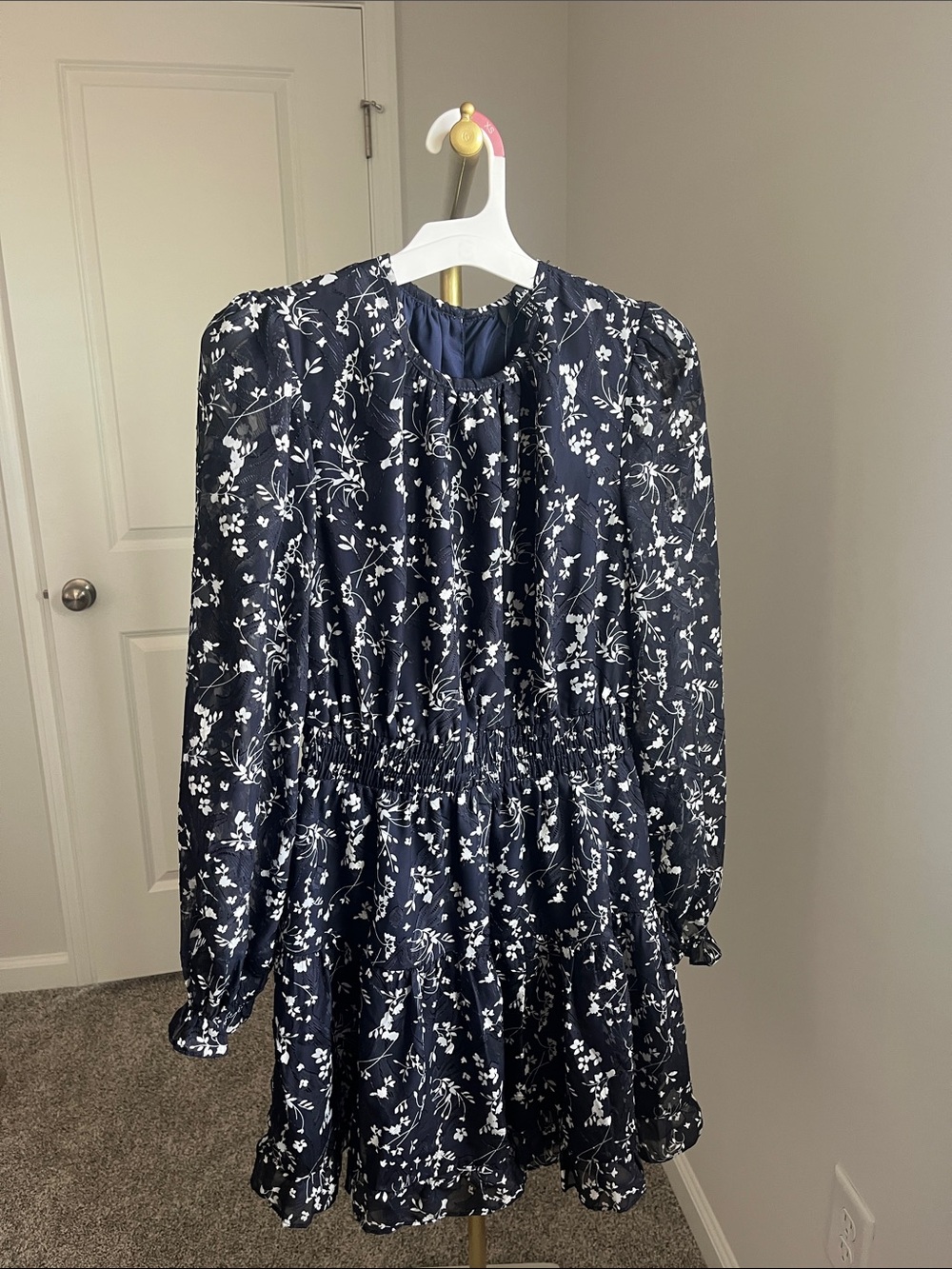 Lulu's Navy & White Floral Long-Sleeve Smocked Waist Dress